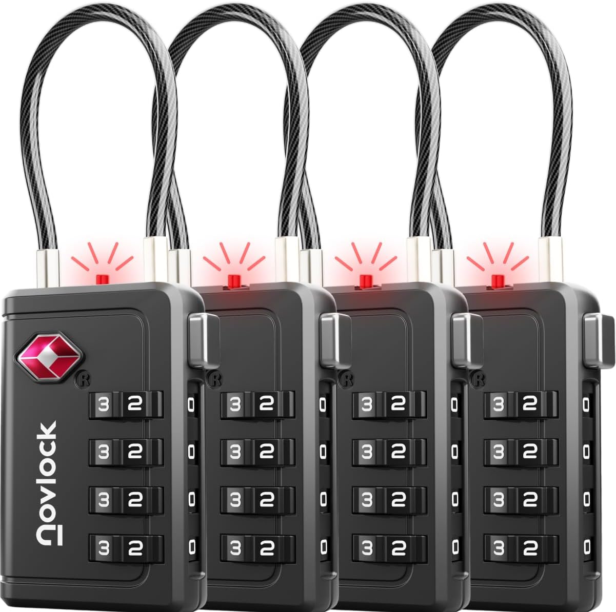 TSA Approved Luggage Locks | Inspection Indicator, 4-Digit Combination, Durable Zinc Alloy | for Suitcases, Backpacks, Travel Bags | Black, 4-Pack