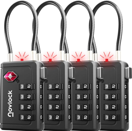 TSA Approved Luggage Locks | Inspection Indicator, 4-Digit Combination, Durable Zinc Alloy | for Suitcases, Backpacks, Travel Bags | Black, 4-Pack