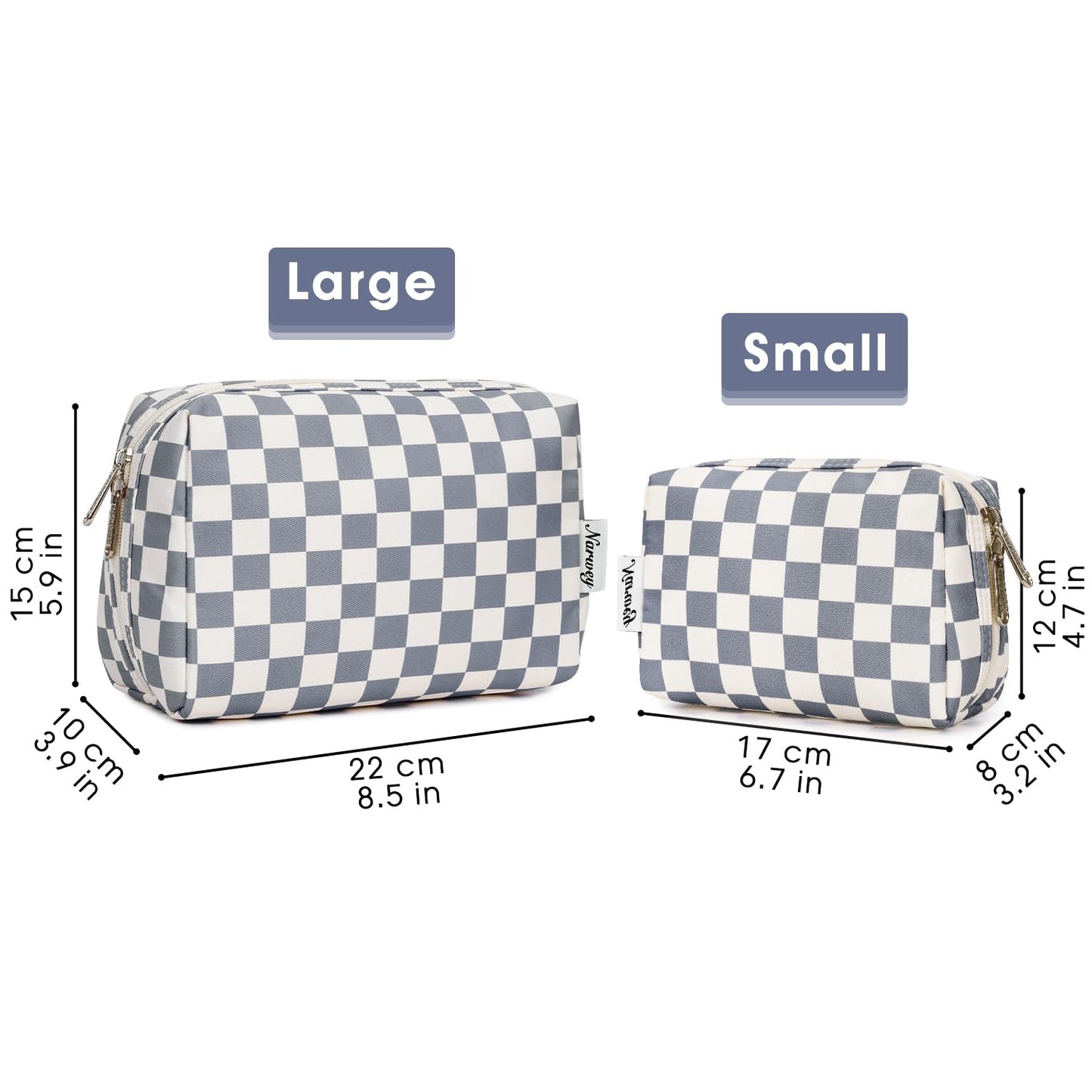 Narwey Checkered Makeup Bag Travel Cosmetic Bag Organizer Toiletry Bag Make Up Bags with Compartments for Women Girls (Large, Grayish Blue Checkerboard)