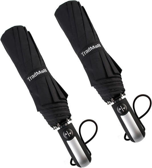 TradMall 2 Pack Travel Umbrella Windproof 46/56 Inches Large Canopy Reinforced Fiberglass Ribs Auto Open & Close