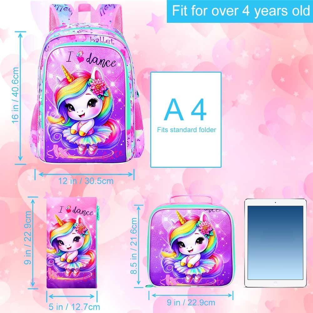 CCJPX 3PCS Unicorn Backpack for Girls, 16 Inch Kids Water Resistant Preschool Bookbags with Lunch Box, Cute Ballet Elementary School Backpacks for Kindergarten Toddler Travel