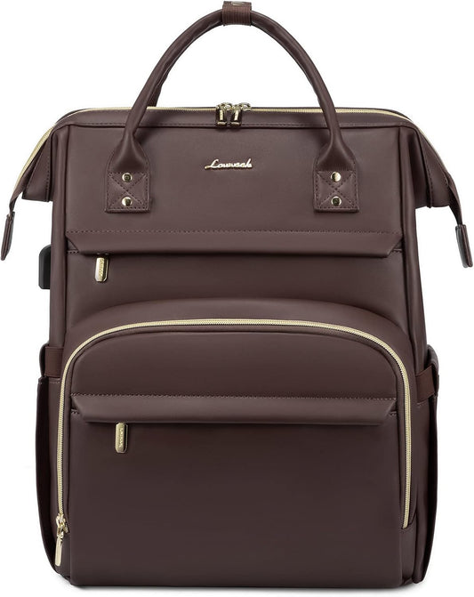 LOVEVOOK Leather Laptop Backpack for Women 17 inch, Travel Backpack Purse Nurse Teacher Computer Laptop Bag, Professional College Business Work Bags Carry On with USB Port, Coffee