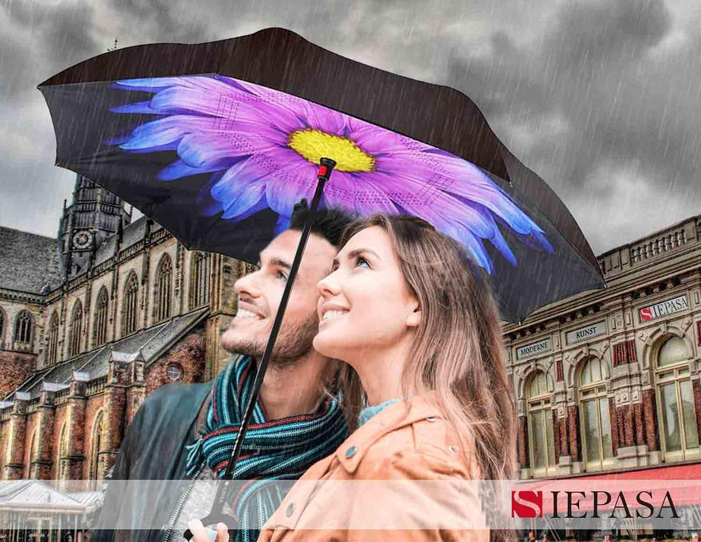 SIEPASA 49/56 Inch Inverted Reverse Upside Down Umbrella, Extra Large Double Canopy Vented Windproof Waterproof Stick Golf Umbrellas with C-shape Handle.