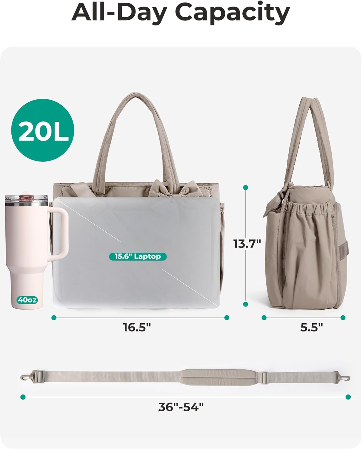 BAGAMSRT Crush Bow Tote Bag for Women, Large Work Tote with 40oz Tumbler, Puffer Travel Tote Bag