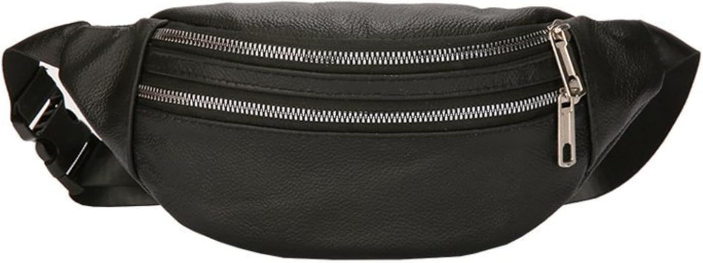 leather Fanny pack, Outdoor travel waist Pack Cowhide Leather Large Size 2 Pockets waist bag.Suitable for outdoor mountaineering, travel, camping, cycling, running, etc.（black-F）