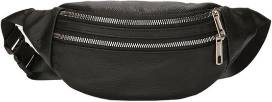 leather Fanny pack, Outdoor travel waist Pack Cowhide Leather Large Size 2 Pockets waist bag.Suitable for outdoor mountaineering, travel, camping, cycling, running, etc.（black-F）