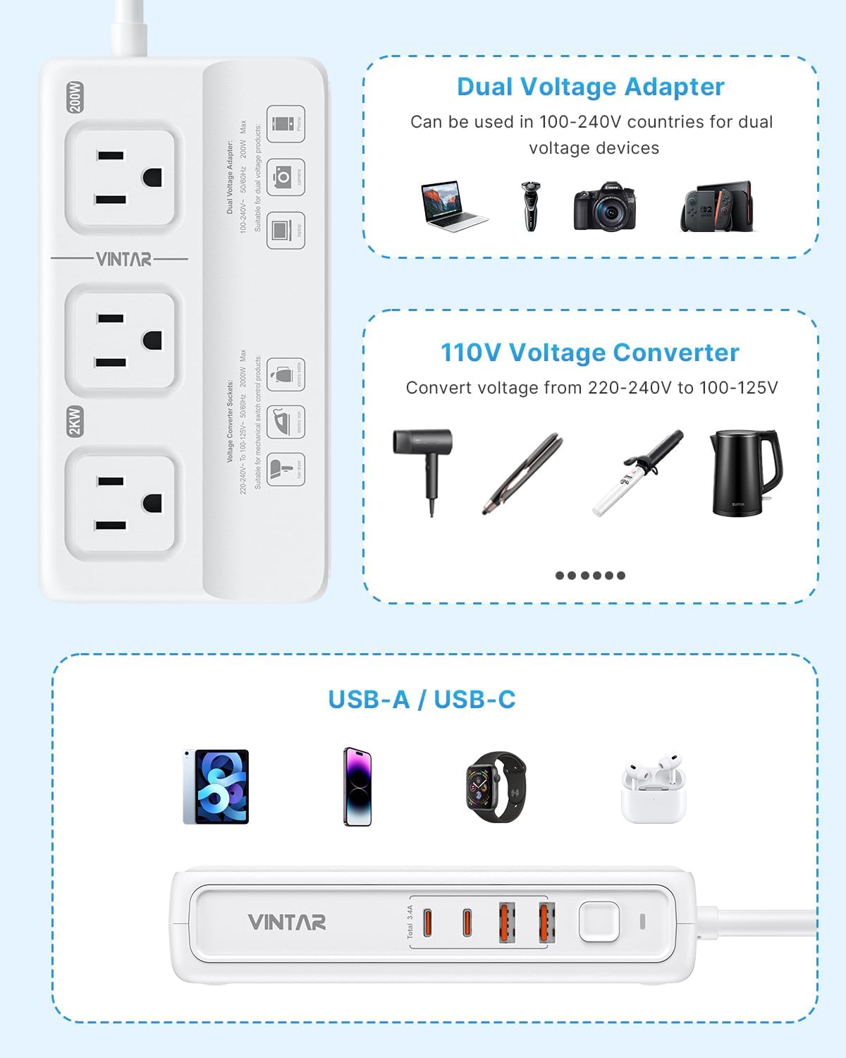 220V to 110V Voltage Converter, VINTAR 2000W Universal Travel Adapter Voltage Converter US to Europe, International Step Down Transformer Power Converters Adapter Combo for EU UK JP AU in SA