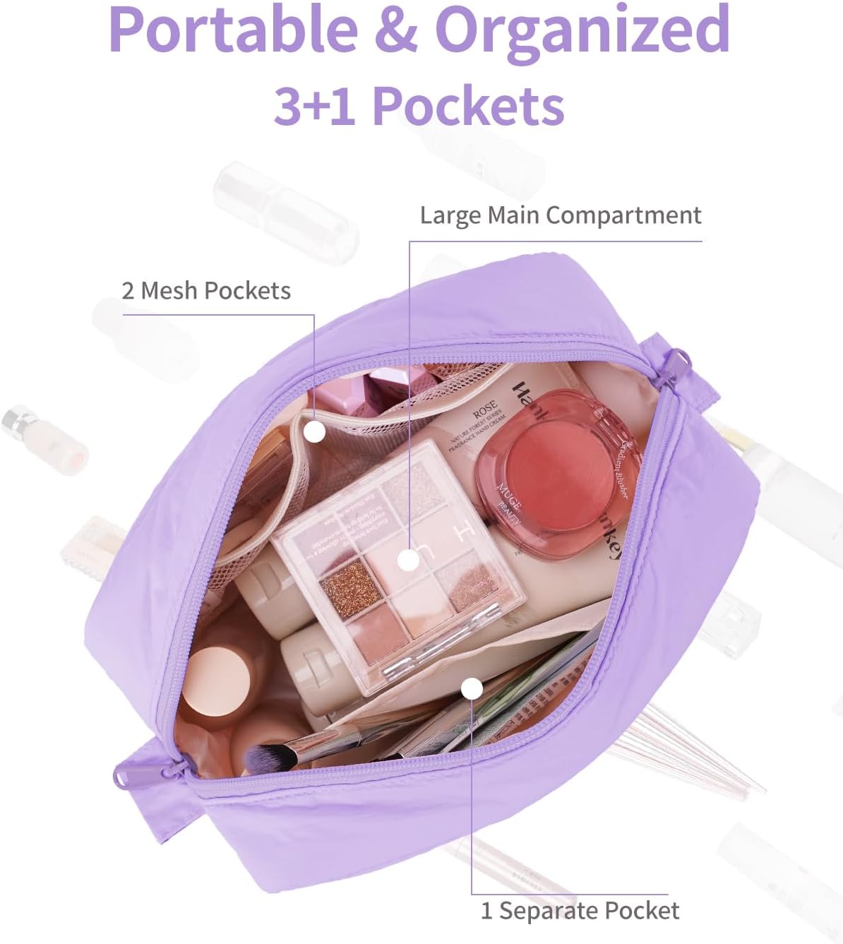 Narwey Puffy Makeup Bag for Travel Women Girl, Quilted Makeup Bag Cosmetic Bag, Cute Puffer Make Up Organizer Bags, Travel Toiletry Bag Toiletries (Purple)