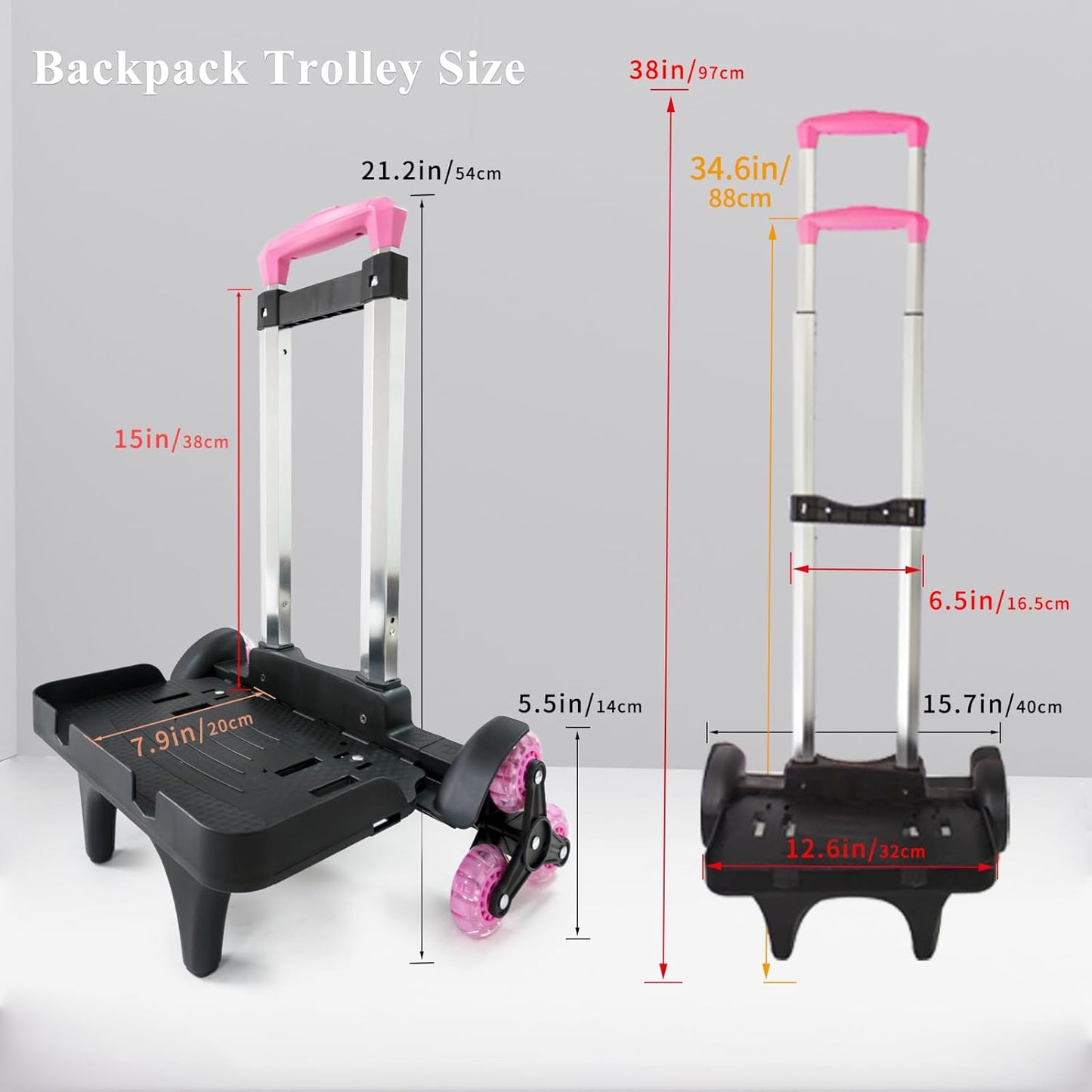 Foldable Backpack Luggage Trolley – 3-Wheel Portable Rolling Cart with Strap & Edge Guard Base, Heavy Duty Aluminum Folding Hand Truck for Travel, Commuting, Utility, and Daily Use