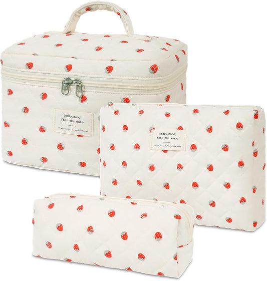 Quilted Makeup Bag Set, 3PCS Cosmetic Organizers for Women, Travel Toiletry Bags with Zipper Closure, Coquette Floral Make up Pouch