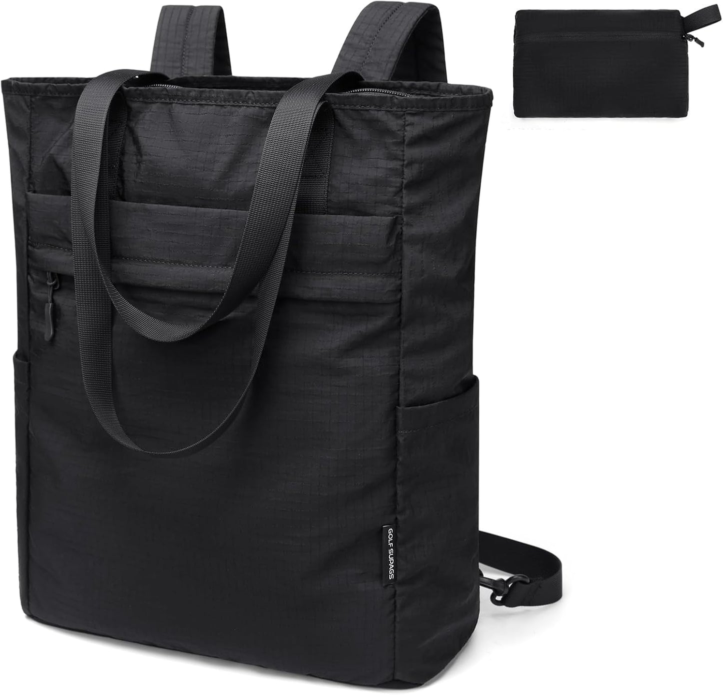 GOLF SUPAGS Foldaway Convertible Tote Backpack Lightweight Nylon Daypack Women Men City Pack Versatile Backpack Leisure, Black