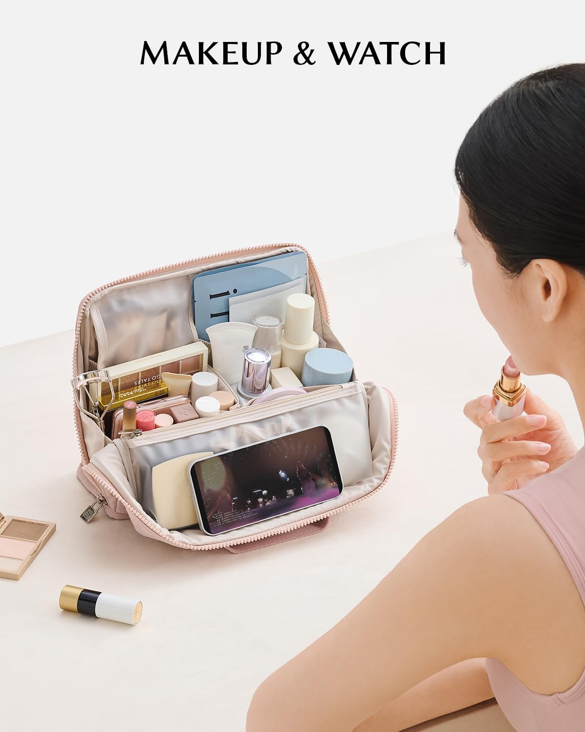 EACHY Standing Makeup Bag - Large Waterproof Cosmetic Bag & Toiletry Bag Organizer with Phone