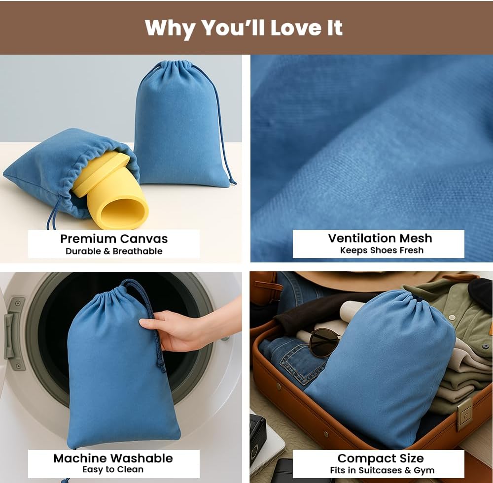LFH Cotton Rich Shoe Storage Bags with Drawstring, Breathable Reusable Organizer, Perfect For Travel, Dorm, Hotel, College, Gym, Easy to Carry, Machine Washable 12"x17" (Pack of 6) - Sky Blue