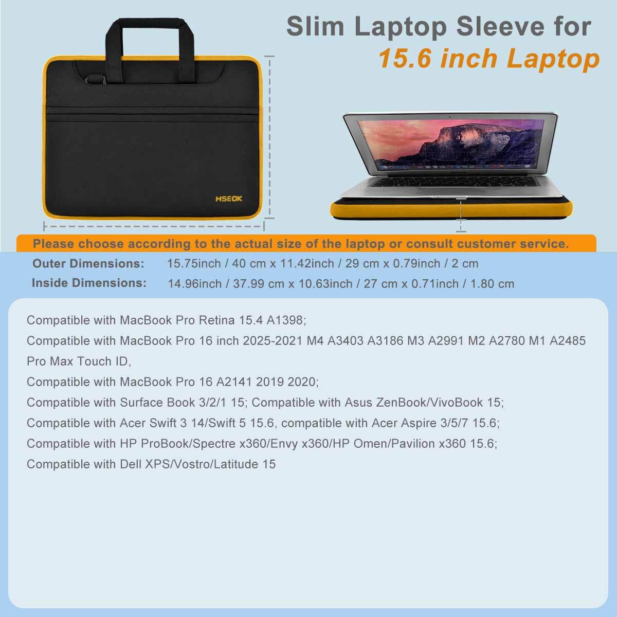 Laptop Case 15.6 inch Shoulder Bag, Durable Shockproof Protective Computer Carrying Briefcase with Multi-Pockets and Strap Compatible with Most 15.6 inch Notebooks,Black yellow