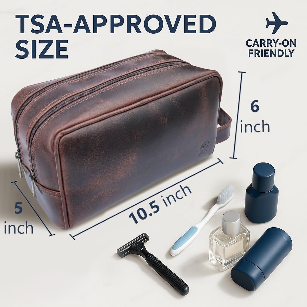 RUSTIC TOWN Leather Toiletry Bag for Men - Travel Shaving Ditty Kit - Bathroom Shower Toiletries Organizer - Leather Cosmetic Bag for Women (Walnut Brown)