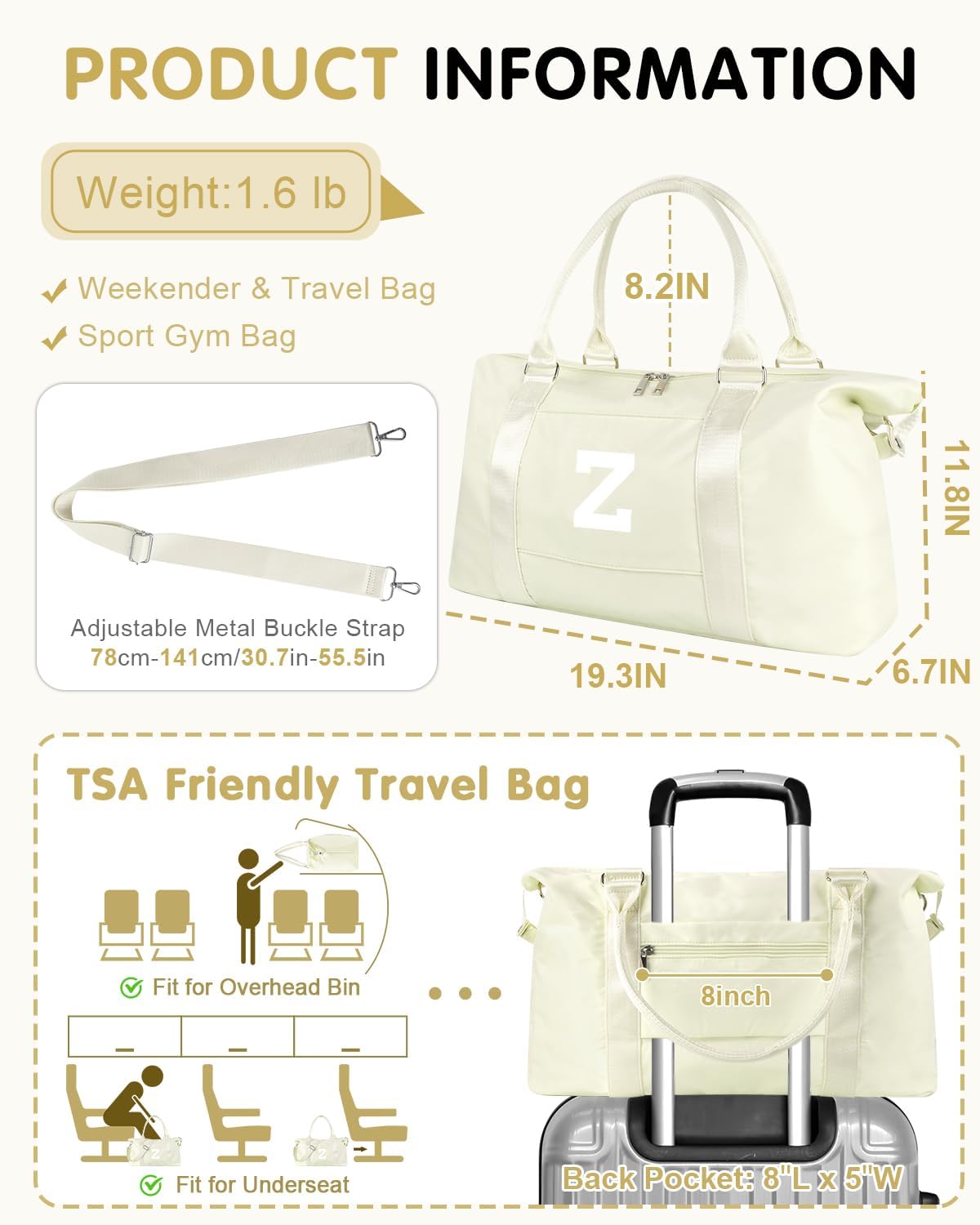 Initial Travel Duffel Bag Sports Gym Bag for Kids Teen Birthday Gifts,Beige Personalized Weekender
