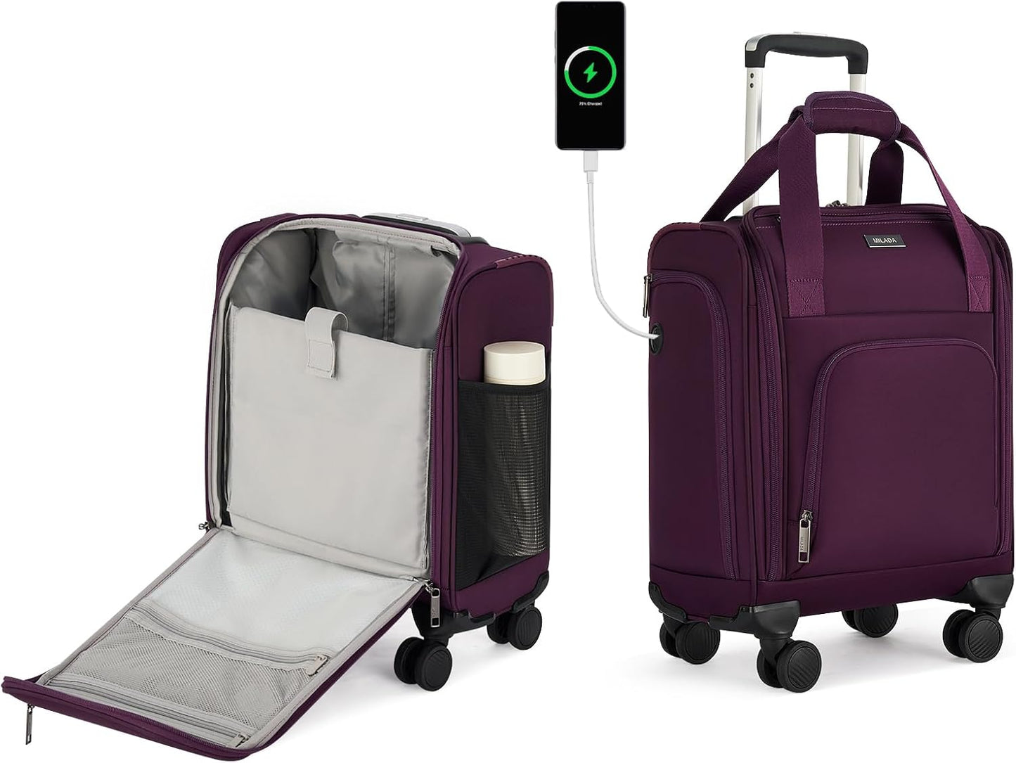MILADA Carry On Luggage Airline Approved 16 Inch Underseat Small Suitcases with Wheels Softside Travel Luggage Personal Item Overnight Bag Business Mini Suitcase for Women and Men, Purple