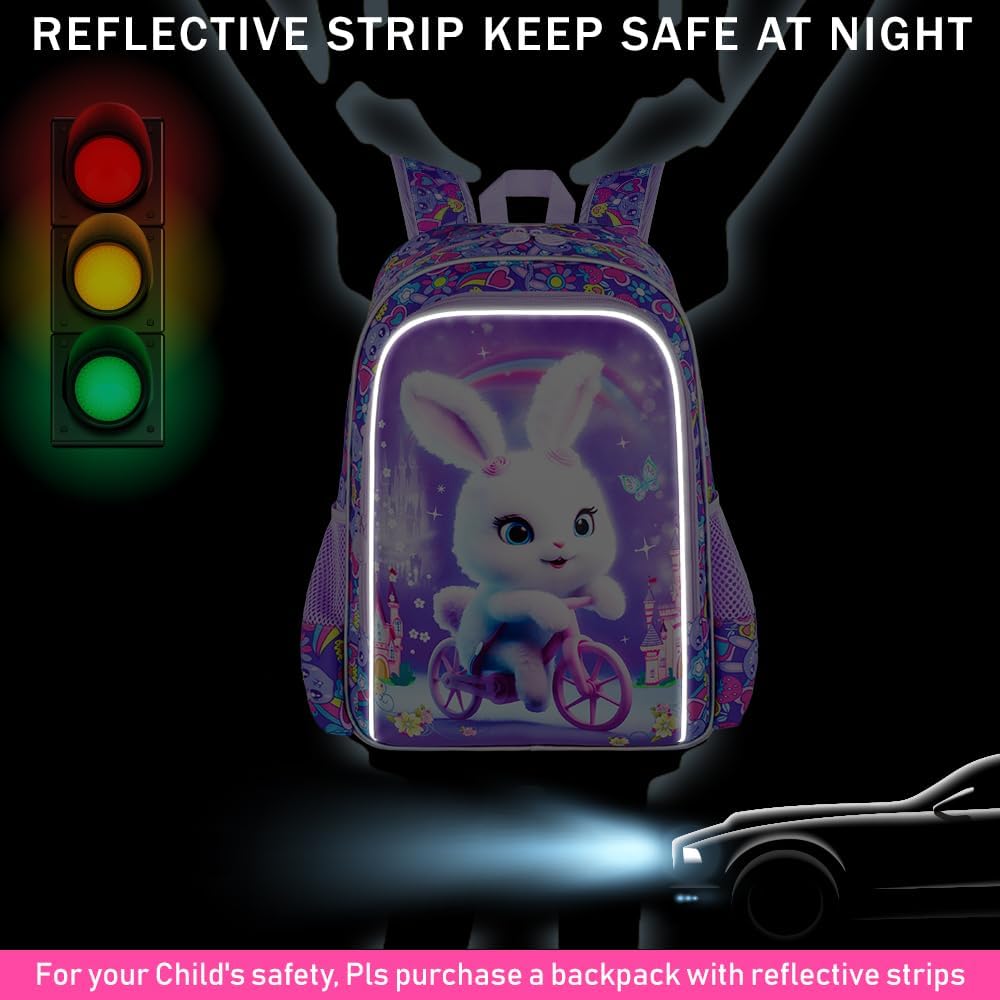 3PCS Girls Rabbit Bookbag, 16" Kids Backpackwith Lunch Box, Water Resistant School Bag for Elementary Prechool Toddler