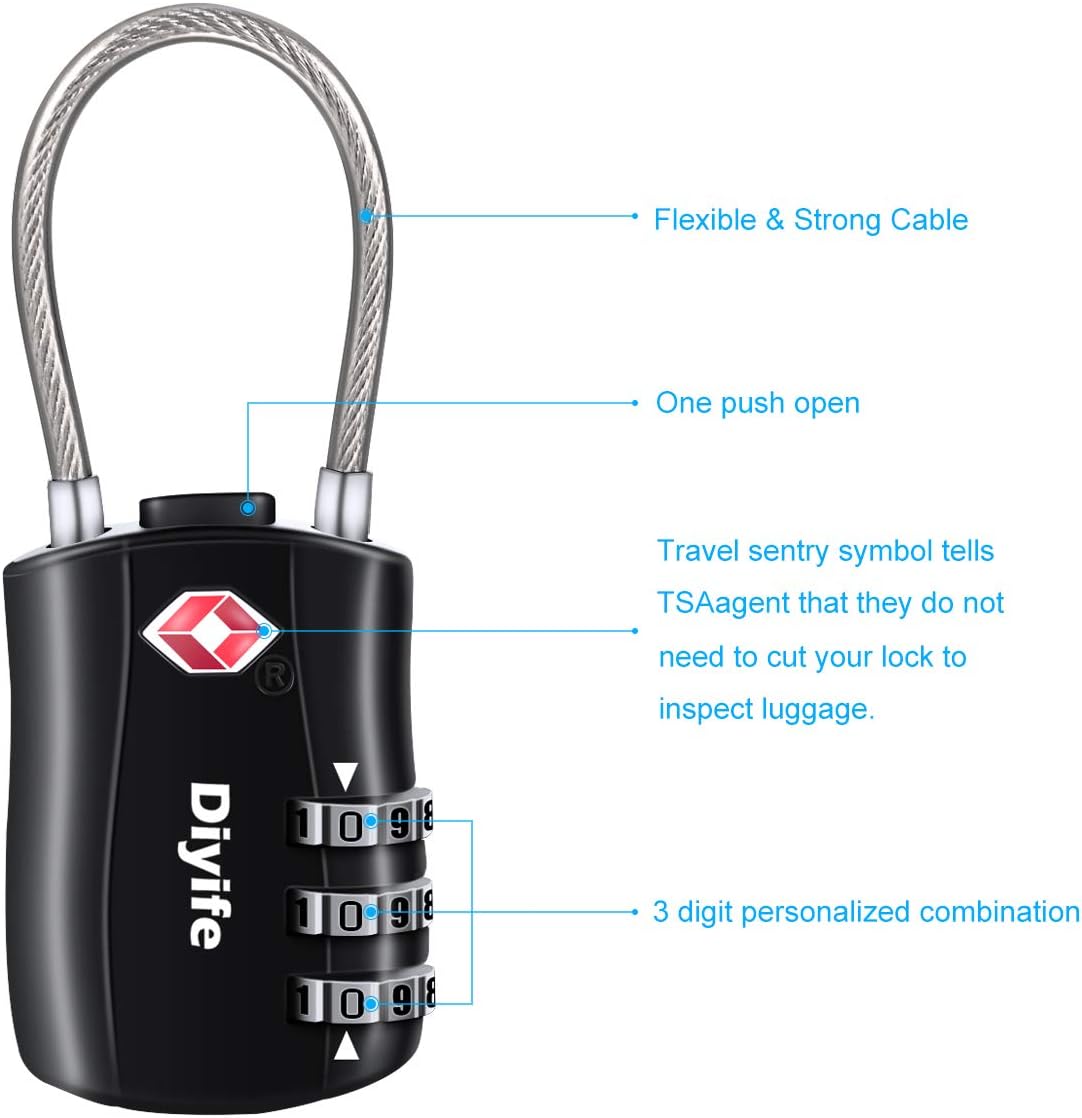Diyife TSA Approved Locks 4 Pack, Keyless Cable Suitcase Locks, Zinc Alloy, 3 Digit Combination Locks for Travel, Bags, Backpack, Baggage, Black, Blue, Red, Orange