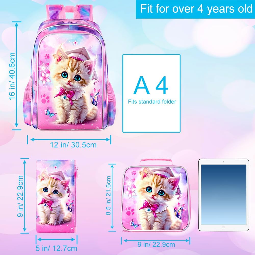3PCS Girls Cat Bookbag, 16" Kids Backpackwith Lunch Box, Water Resistant School Bag for Elementary Preschool Toddler