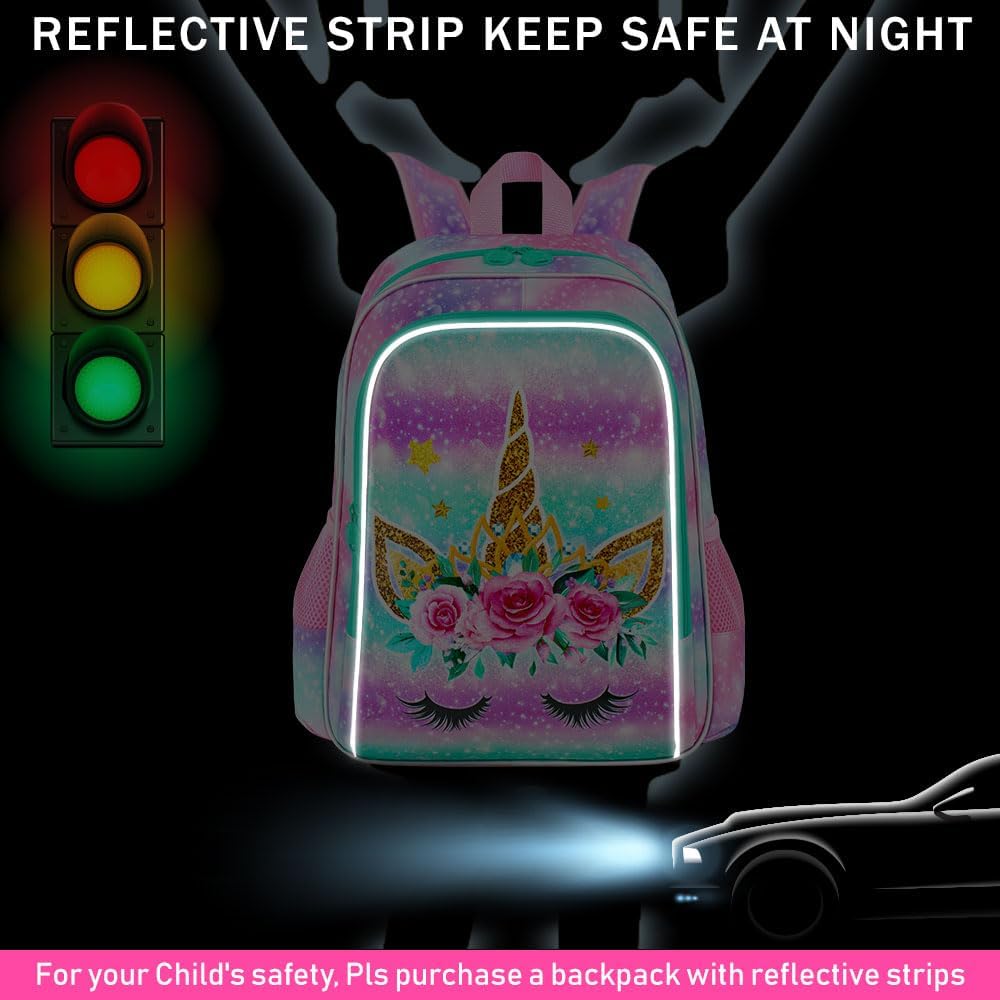 CCJPX 3PCS Unicorn Backpack for Girls, 16”Kids Bookbag with Lunch Box, Cute Water Resistant