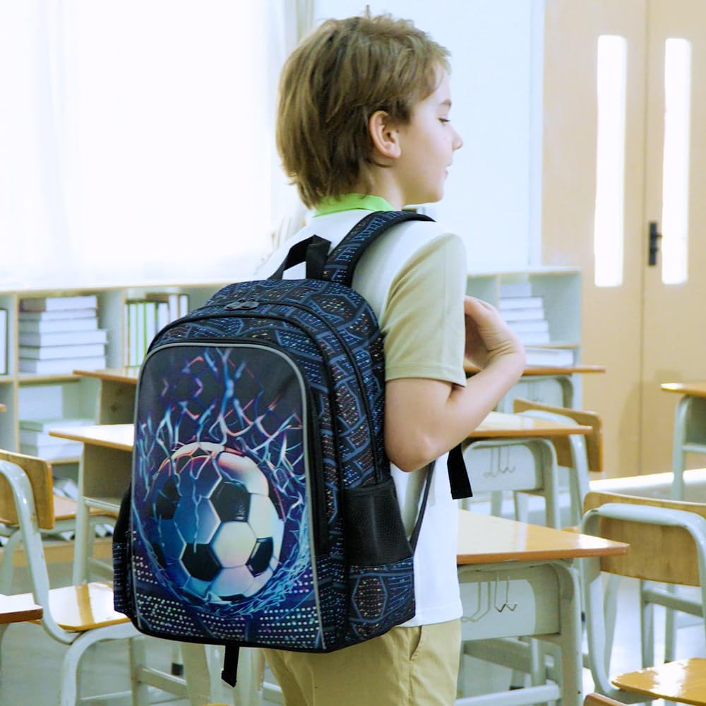 3PCS Kids Backpack for Boys, Water Resistant Soccer Bookbag Set with Lunch Box, Cute School Bag for Preschool Toddler