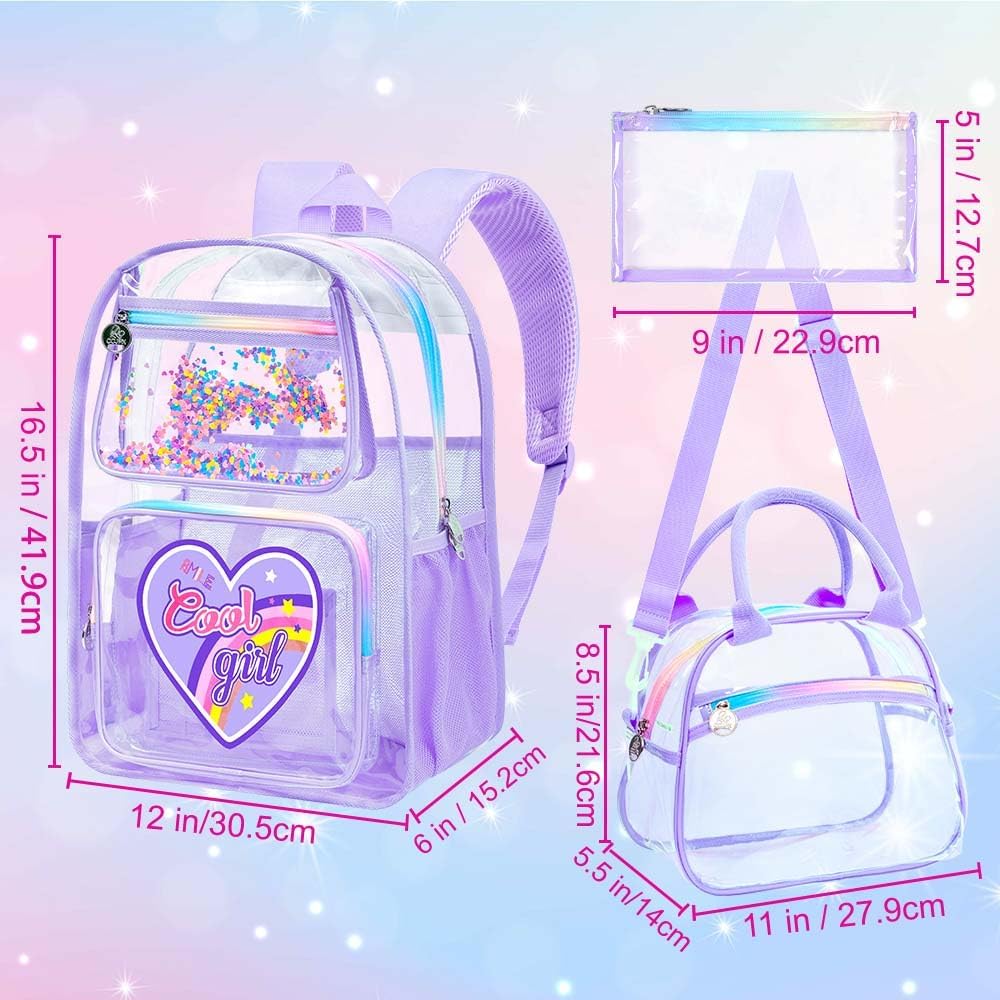 3PCS Girls Clear Backpack Heavy Duty, Cute Sequins See Through School Bag with Handbag, Womens Purple Transparent Bookbag