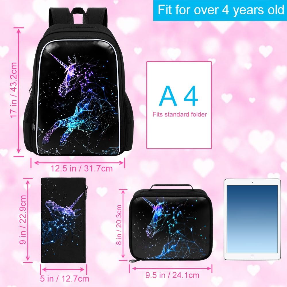 UFNDC 3PCS Backpack for Girls with Lunch Box,16”Kids Sequin Bookbag with Lunch Box, School Bag for Elementary Toddler