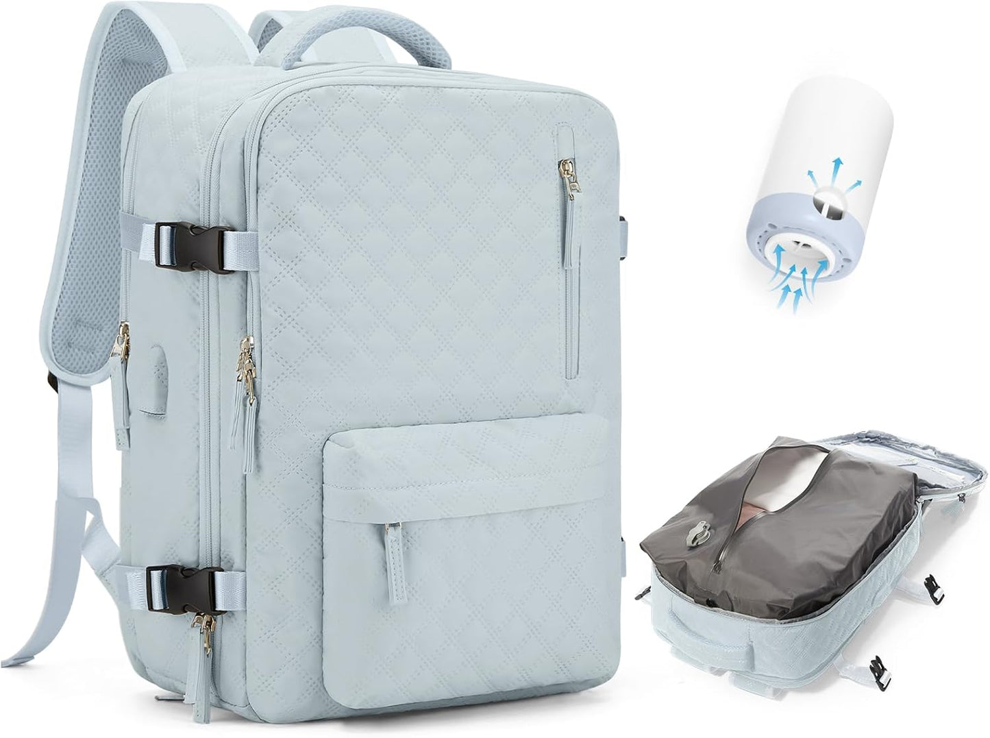 Travel Vacuum Storage Backpack with Air Pump Vacuum Seal Compression Space Saver Bags Clothing Vacpack 18x14x8 inches Travel Bag Carry on Personal item Laptop Work Backpacks Women LightBlue