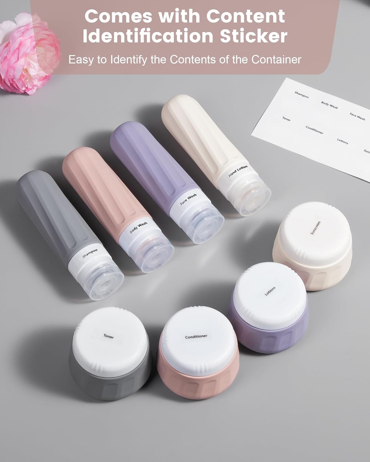 Travel Size Toiletries 8 Pack, TSA Approved 3oz Silicone Squeeze Bottles & Cream Jars with Clear