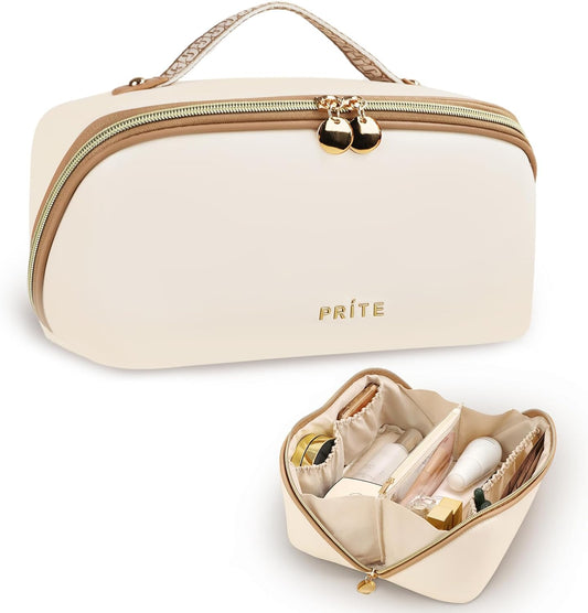 Prite Makeup Bag for Women Travel Waterproof Vegan Leather Cosmetic Bag Open Flat Toiletry Bag With Clear Divider and Handle (Large Beige)