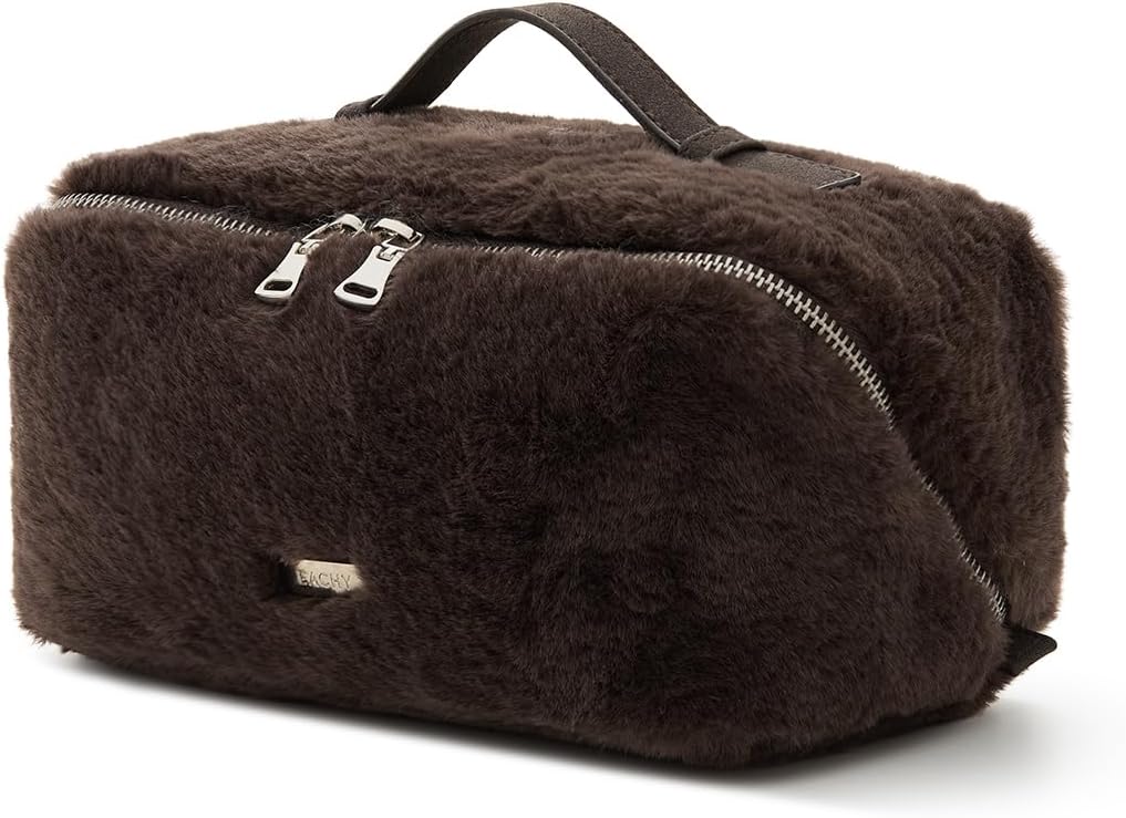 EACHY Travel Makeup Bag,Cute Faux Fur Cosmetic Bag for Women,Portable 180°Wide-Open Flat Toiletry Bag,Large Capacity Makeup Pouch Make up Organizer with Divider and Handle