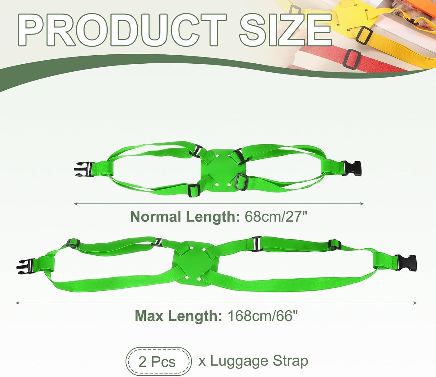 Adjustable Luggage Straps, Suitcase Elastic Strap Bag Bungee with Buckles Travel Accessories - Fitting for(Travel/Add A Bag/Securing Luggage), 27-66 Inch & 2Pcs & Green