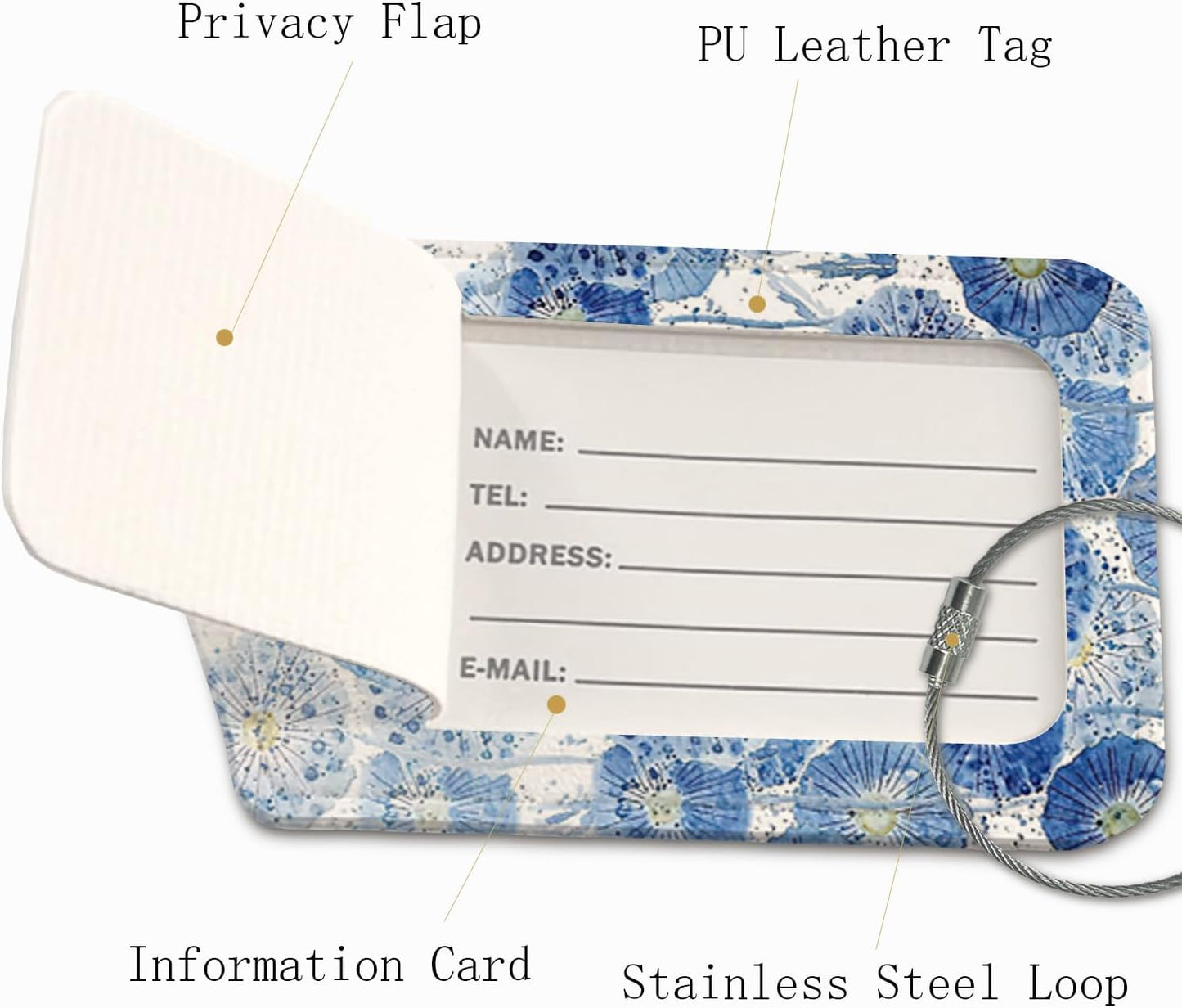 Boho Flower Luggage Tags for Suitcases,Bule 2 Pack Travel Suitcase Tags,Traveling Accessories,Baggage Tag Label with Steel Loop,Boho Lover Gifts
