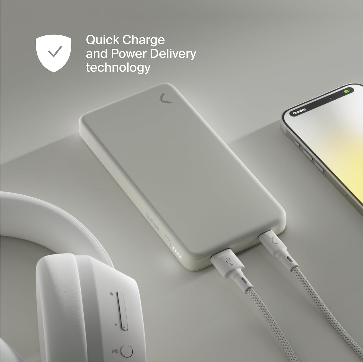 Clemm Portable Charger 10,000mAh Dual Port (USB-A, USB-C), Travel Essential, Quick Charging Power Bank for iPhone 16/15/14/13/12/11/X, Samsung Galaxy, iPad, Google Pixel, and More, Ivory
