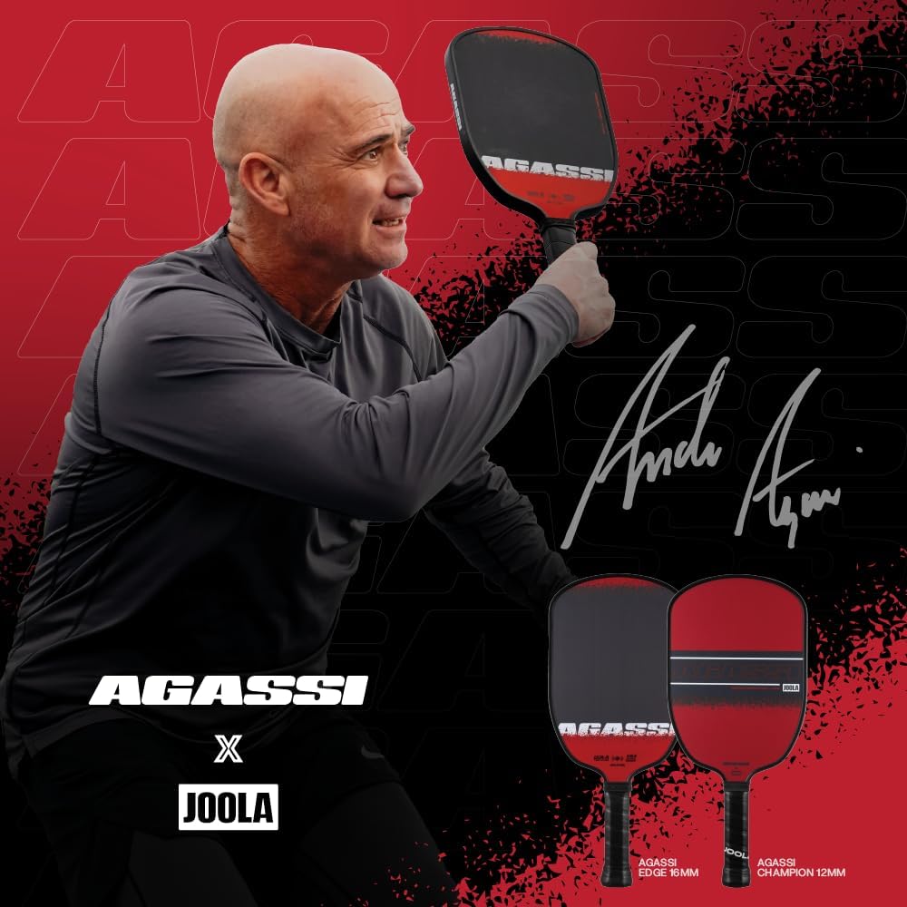 JOOLA Agassi Edge 16mm Pickleball Paddle - Carbon Fiber Pickleball Racket Surface Increases Spin & Control - Agassi Shape with Extended Sweet Spot - UPA-A Certified - USAP Approved - NFC Chip Enabled