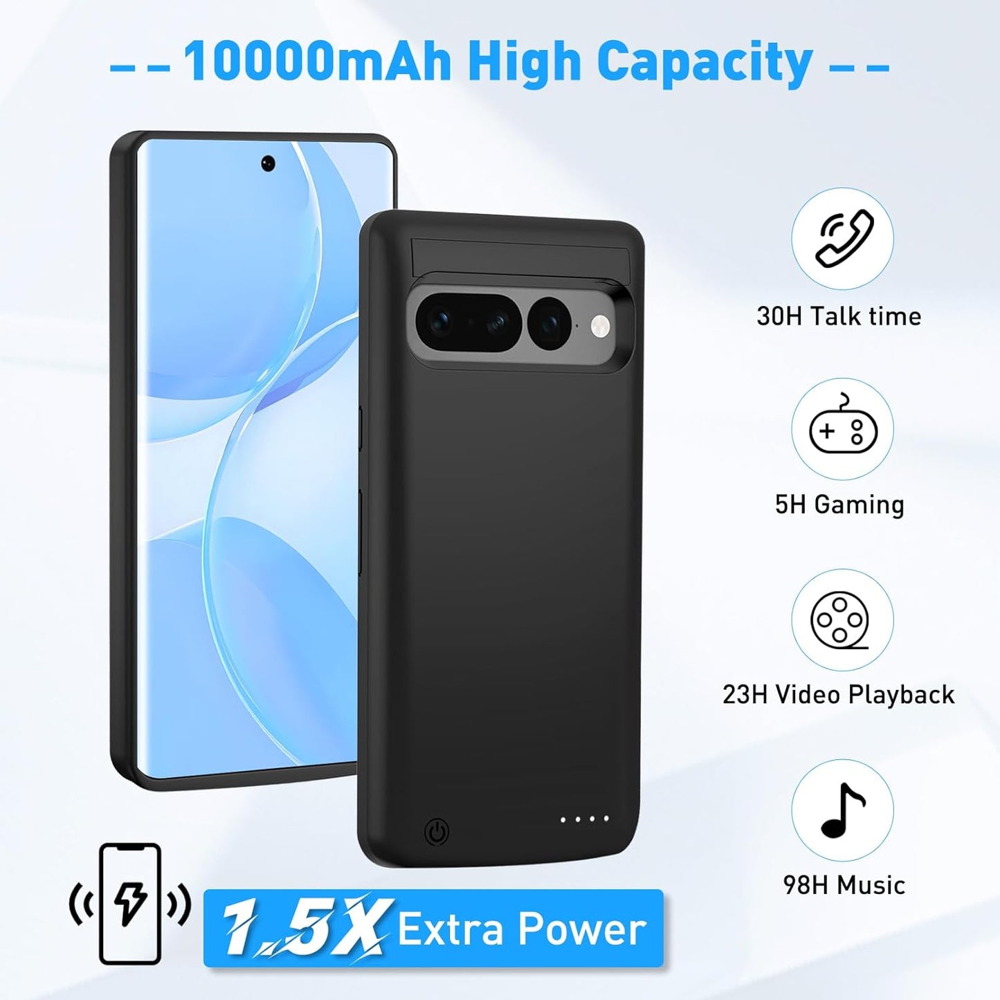 Battery Case for Google Pixel 7 Pro, Real 10000mAh Ultra-Slim Protective Battery Charging Case with Kickstand Rechargeable Extended Battery Charger Cover - 6.7 inch Black