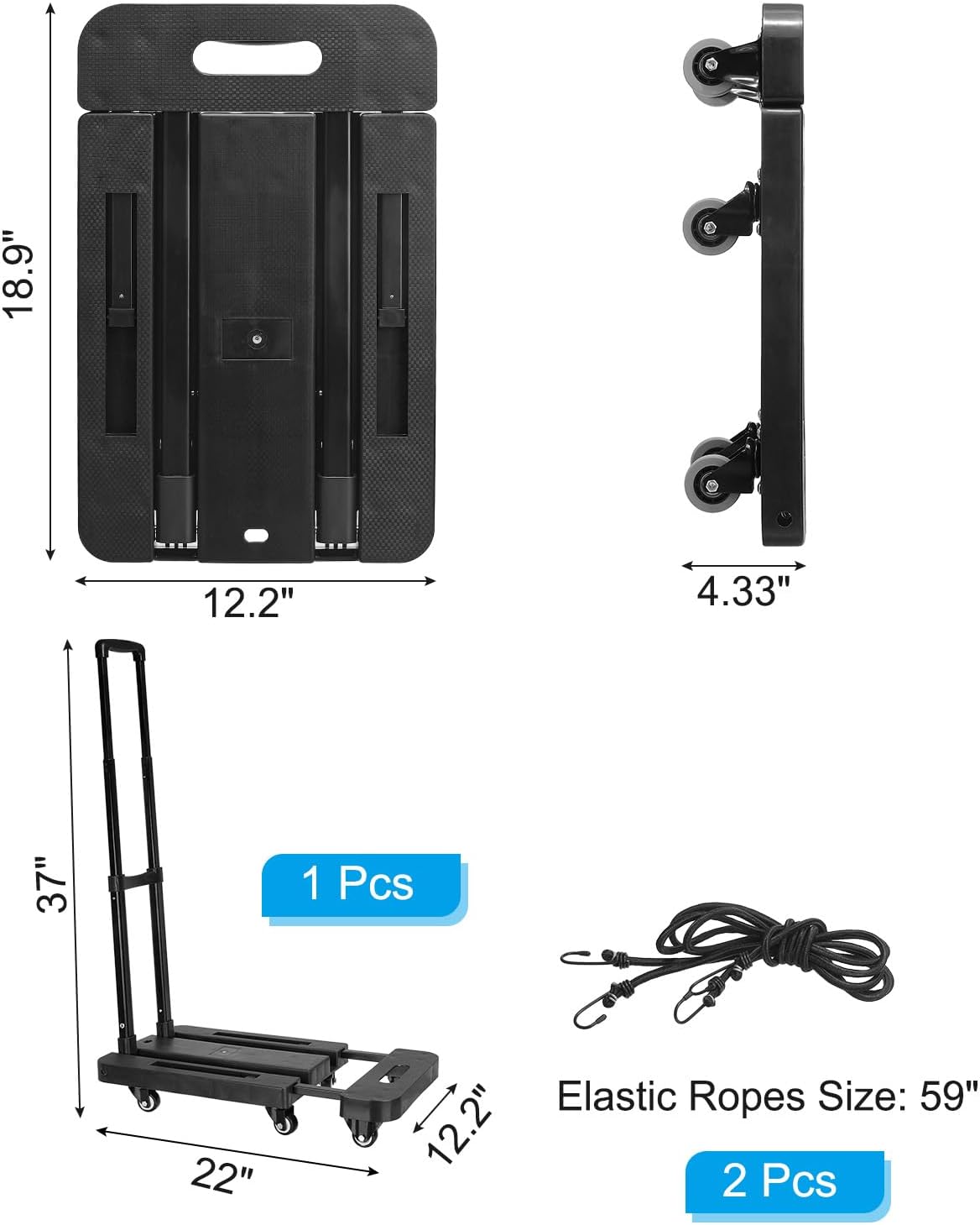 PATIKIL Folding Hand Truck, 440lb Heavy Luggage Cart Portable Duty Dolly for Moving PU Wheels & 2 Elastic Ropes Travel Shopping House Office Use, Black