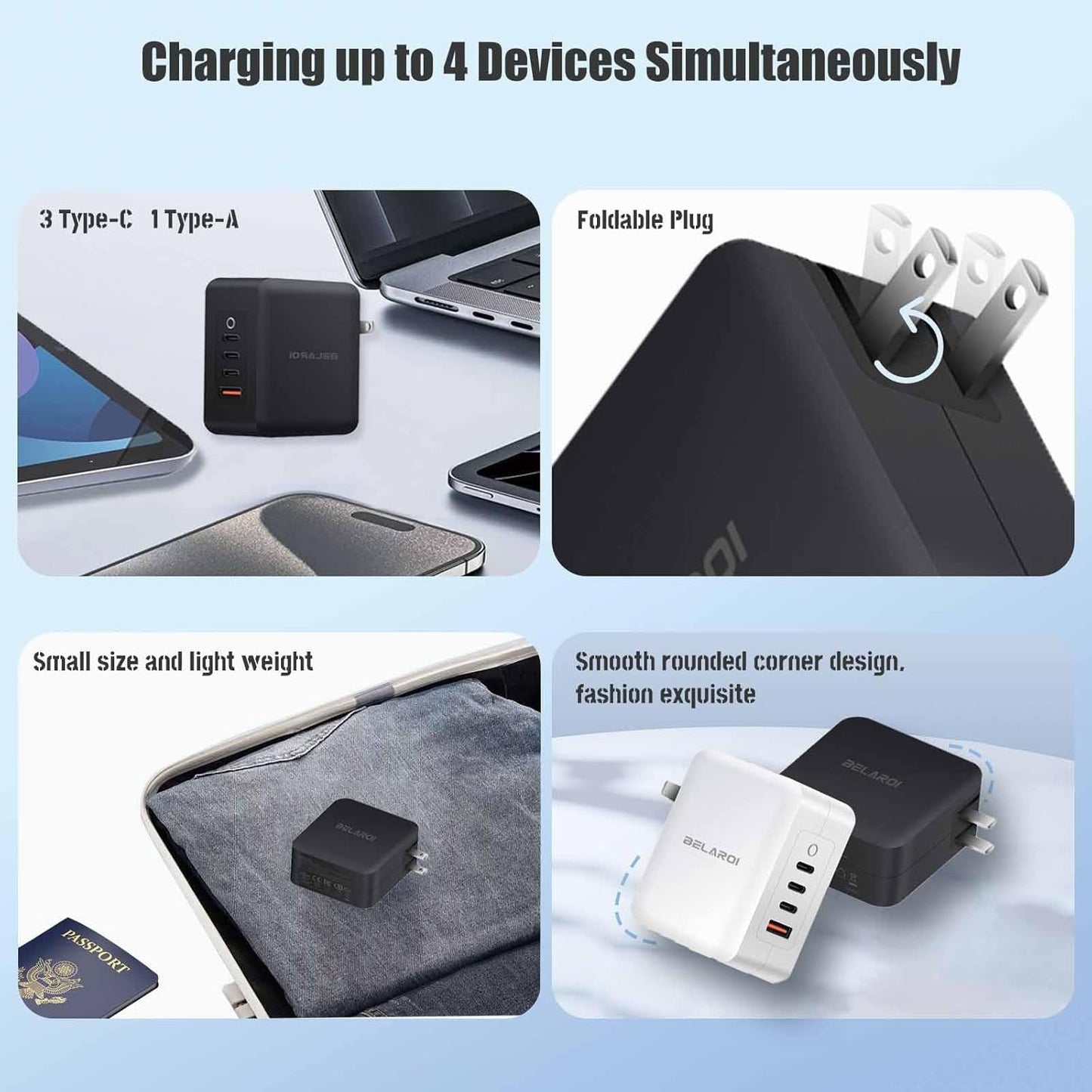 BELAROI 140W USB C Wall Charger Block, PD 3.1 4-Port GaN Charger, 140W Foldable Fast Charging Block, Small Size and Light Weight for iPhone, Galaxy, iPad and More (Black)