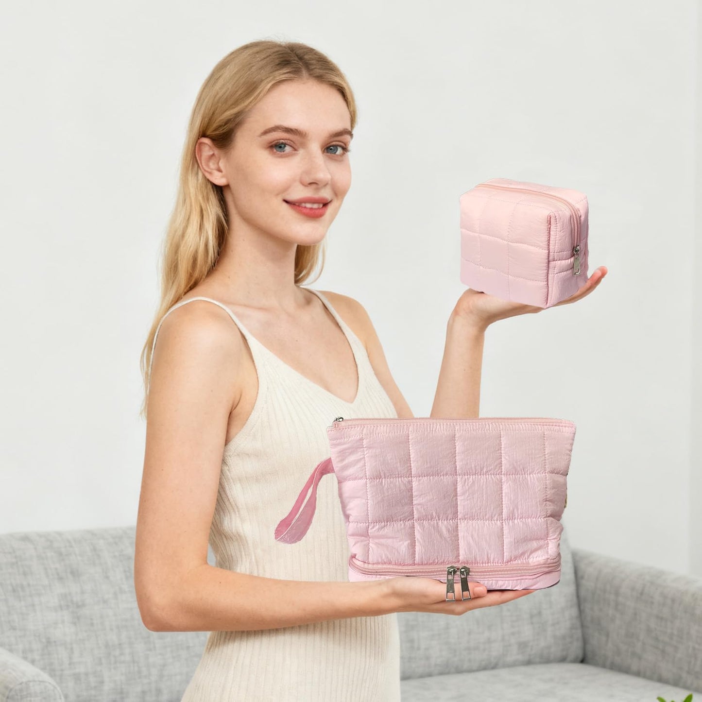 Pink Puffy Puffer Makeup Bag for Purse Small Makeup Pouch Quilted Cosmetic Bag Cute Cotton Toiletry Pouch Bag for Women