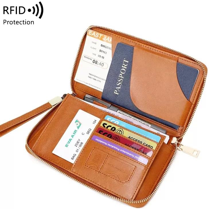 Multi-Functional RFID Passport Wallet,Travel Wallet for Men & Women,With zipper, anti-theft passport holder，Slim Leather Cover for Credit Cards, Tickets, Cash (Black)