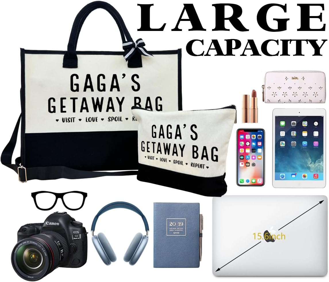 SUSZDOU GAGA Gift, GAGA's Getaway Bag, Canvas Beach Bag, Canvas Tote Bag for Women Picnic Shopping Holiday or Camping Tote, Fun Grandma Gift Idea, Birthday or Mother’s Day Present for Grandparents