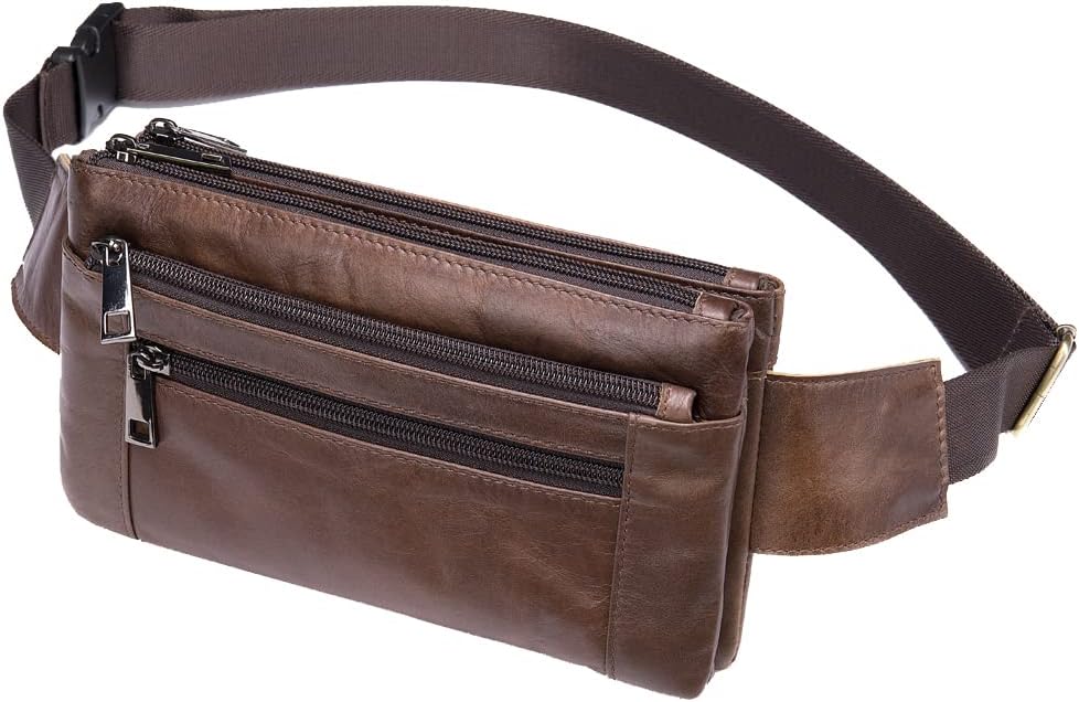 Hebetag Leather Waist Pack Fanny Bag for Men Women Running Travel Hiking Hip Bum Belt Slim Cell Phone Purse Wallet Vintage Retro Crossbody Sling Pouch (Brown)
