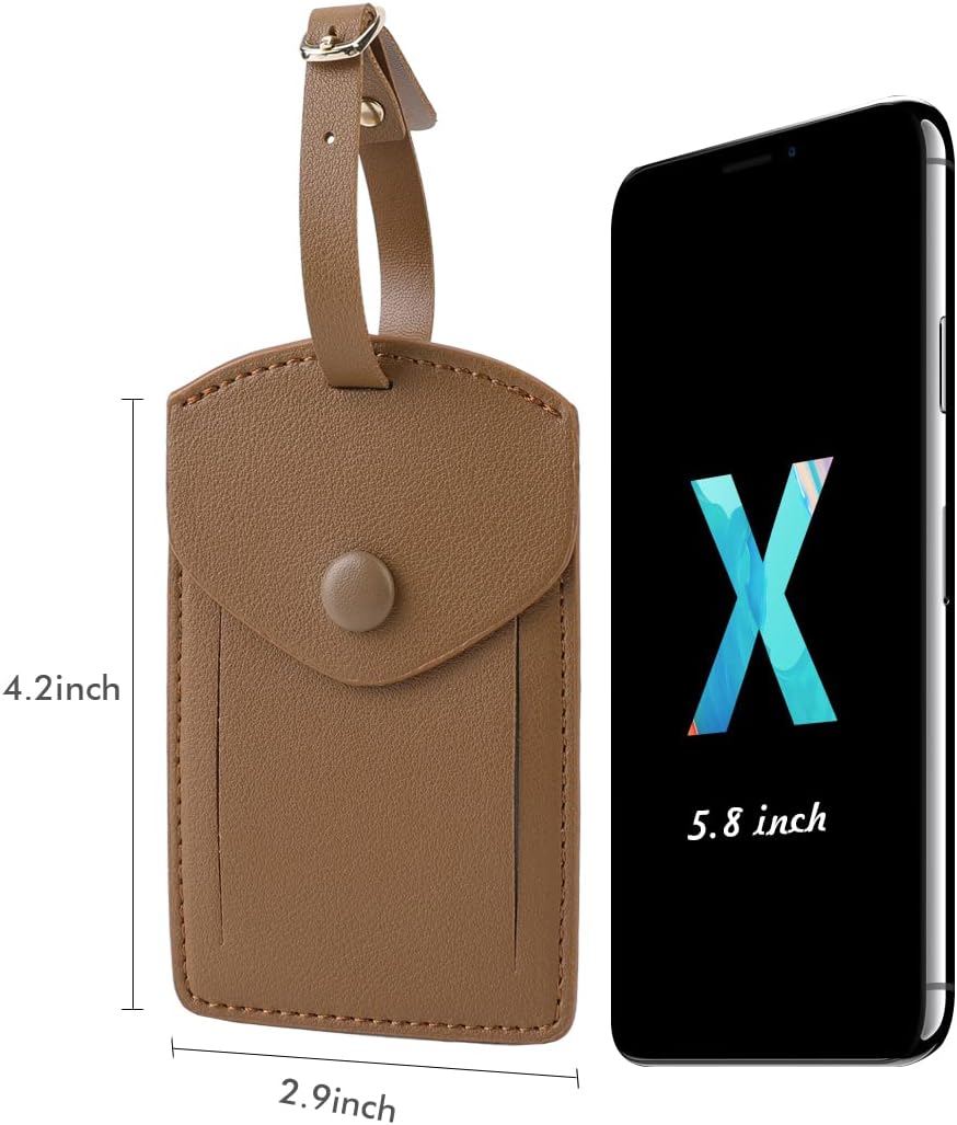 Kevancho Leather Smart Luggage Tags for Men Women, Suitcase Labels Baggage Tote Bag Tag ID Tags with Full Back Privacy Cover for Carnival Cruise Ships, Travel Accessories Tags Set of 2 PCS (Tan)