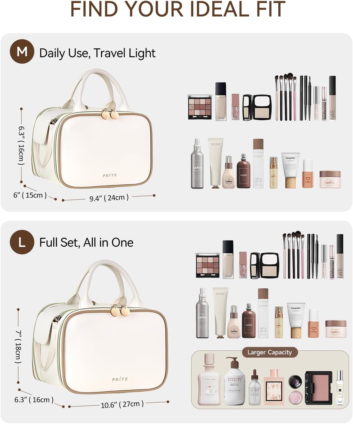 Prite Makeup Bag for Women, Large Capacity Waterproof Travel Cosmetic Organizer, Portable Open Flat Toiletry Bag with Free-standing Brush Holder and Handle(Beige Medium)