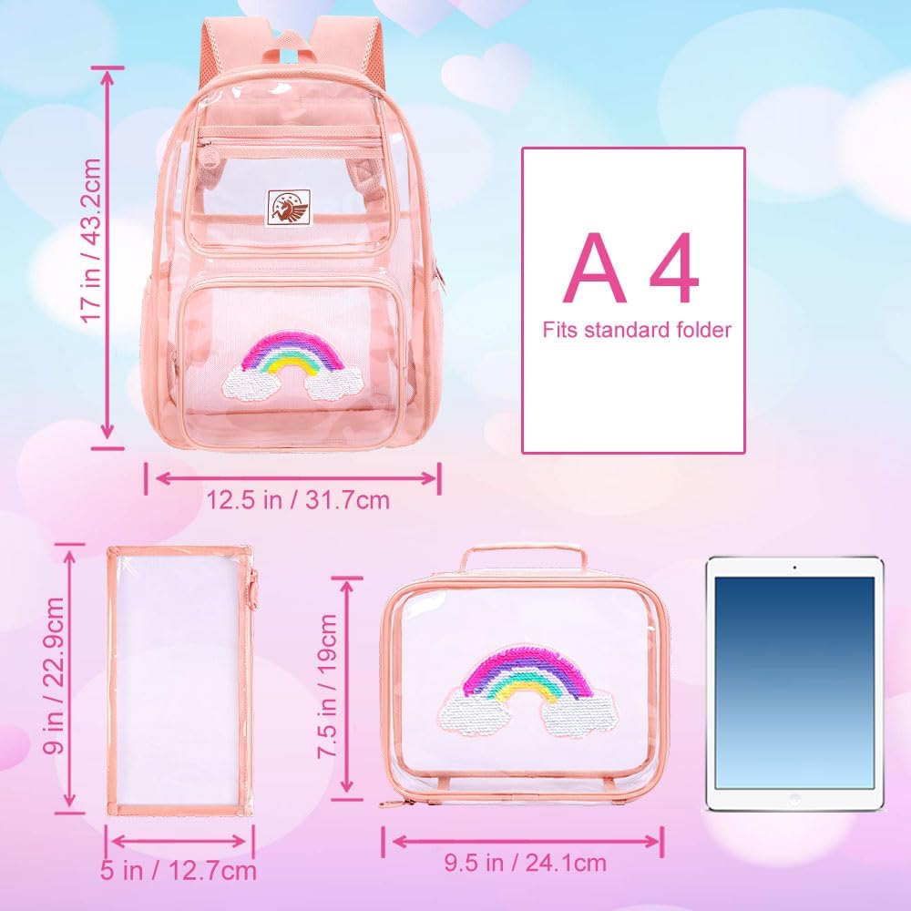 Clear Backpack for Girls and Boys, Kids Transparent Bookbag, 3PCS Cute See Through School Bag for Elementary Prechool