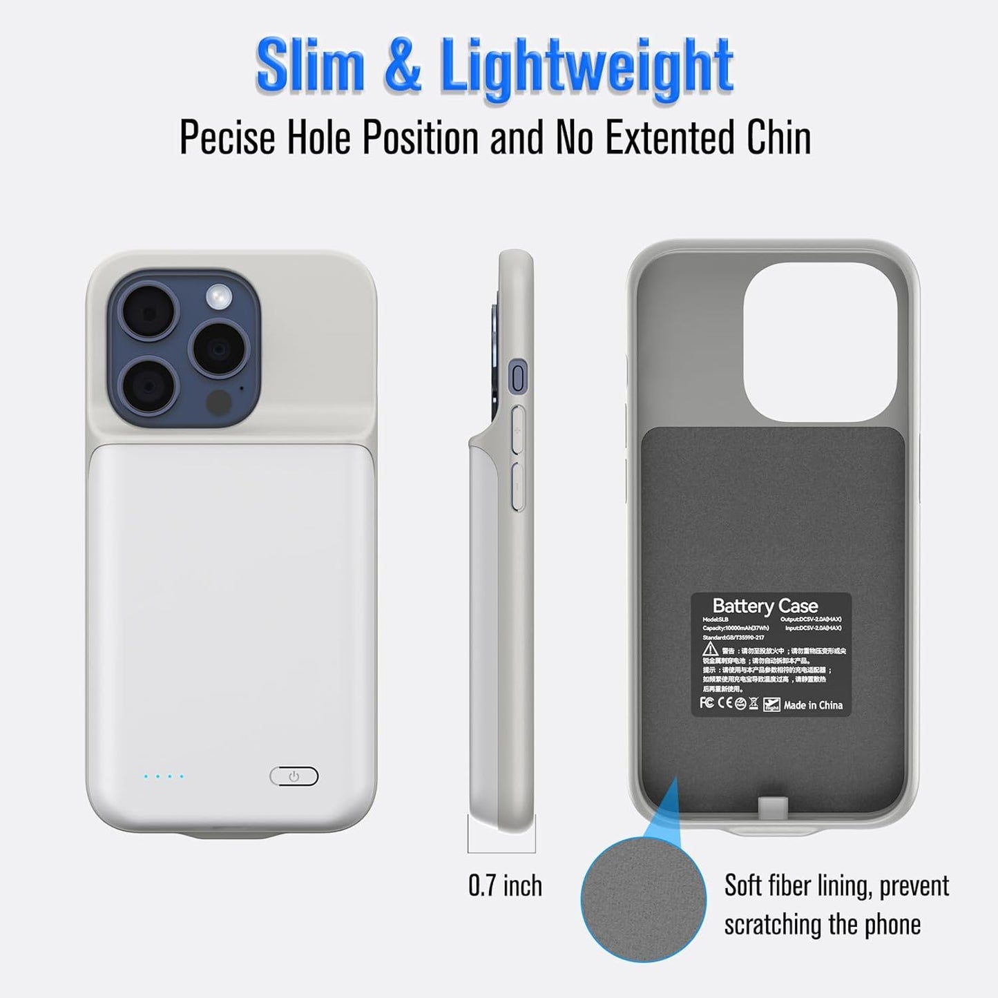 Charging Case for iPhone 15 Pro Max, Ultra Slim 8500mAh Rechargable Battery Case Charger Protective External Lightweight Smart Battery Pack Compatible with 15 Pro Max, 6.7 inch, White