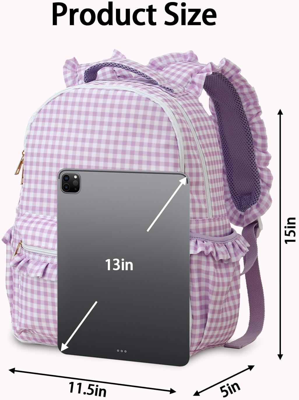 DYSHAYEN Kids Backpack for Girls, 15" Ruffled Backpack for School Kindergarten Bookbag 5-8, Fully Opened Compartment (Purple Gingham)
