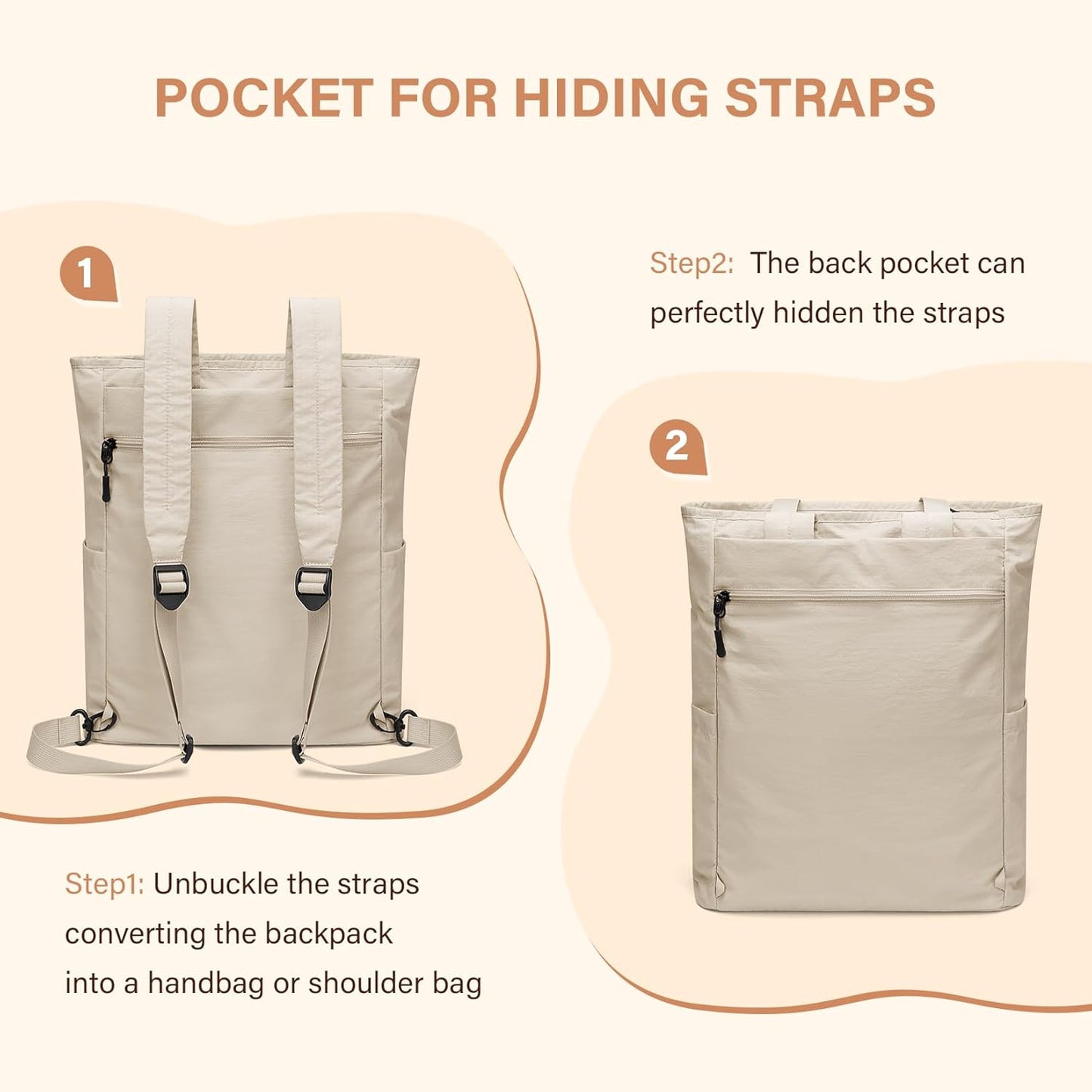 GOLF SUPAGS Foldaway Convertible Tote Backpack Lightweight Nylon Daypack for Women Men City Pack Versatile Backpack for Leisure Travel, Apricot