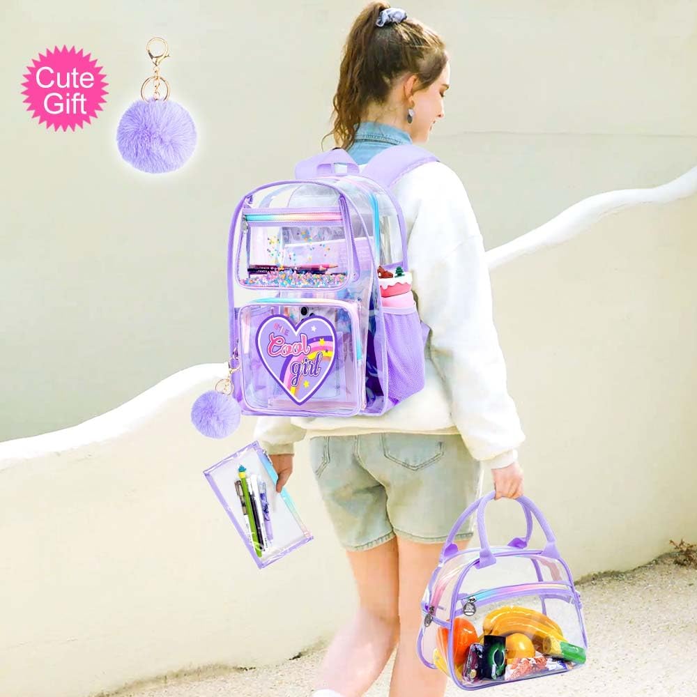 3PCS Girls Clear Backpack Heavy Duty, Cute Sequins See Through School Bag with Handbag, Womens Purple Transparent Bookbag